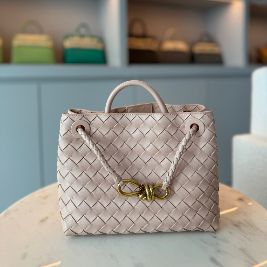 Bottega Veneta Small Andiamo Baby Pink Woven Leather
