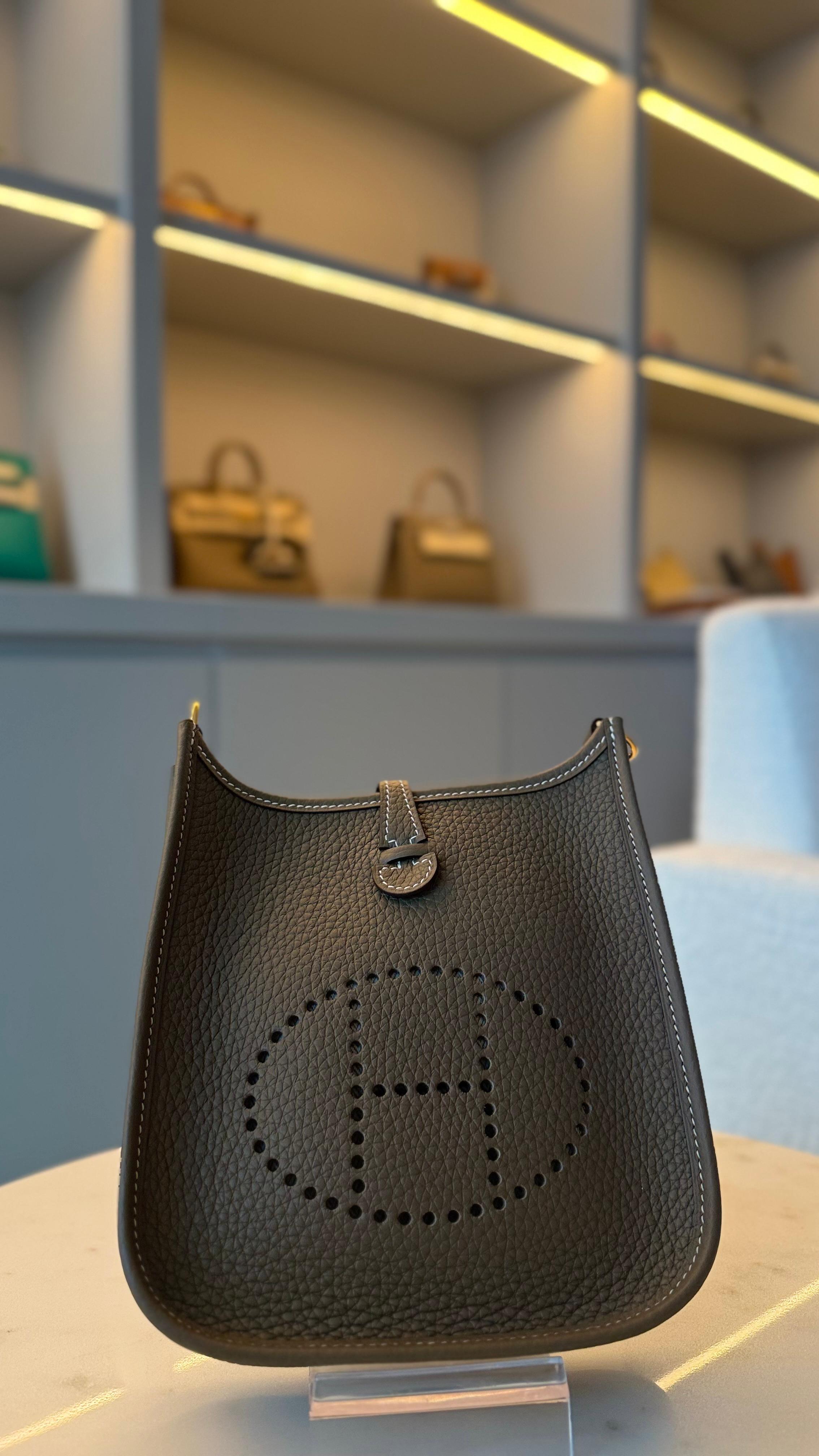 Hermès Evelyn 19 (Mini) Etoupe with Navy Canvas Strap Clemence and Canvas